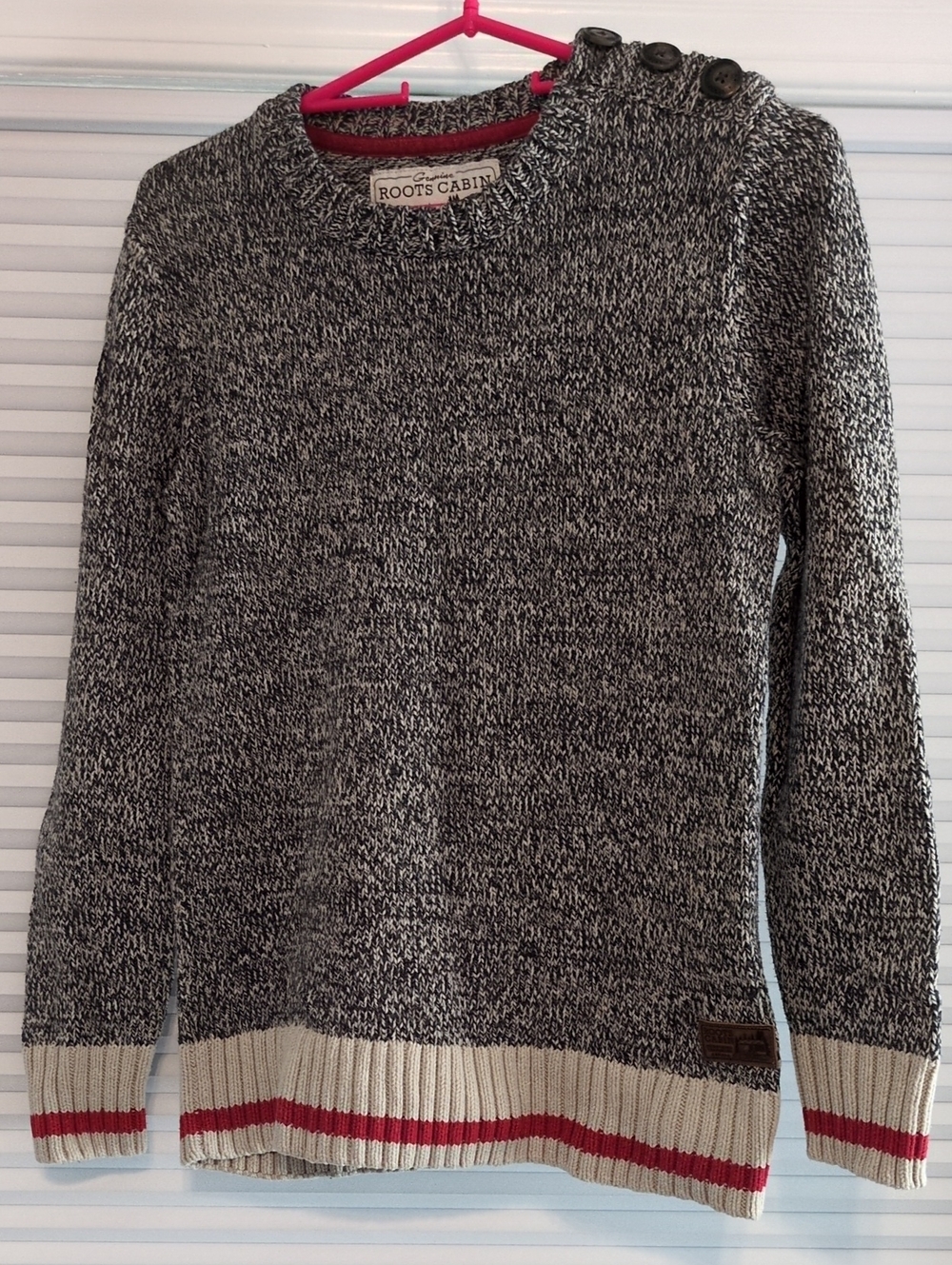 Roots Men's Black & White Marled Crewneck Sweater with Red Trim